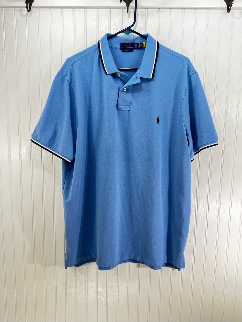 Polo Ralph Lauren Men's XL Light Blue Tipped Classic Fit Pique Polo Shirt Preppy